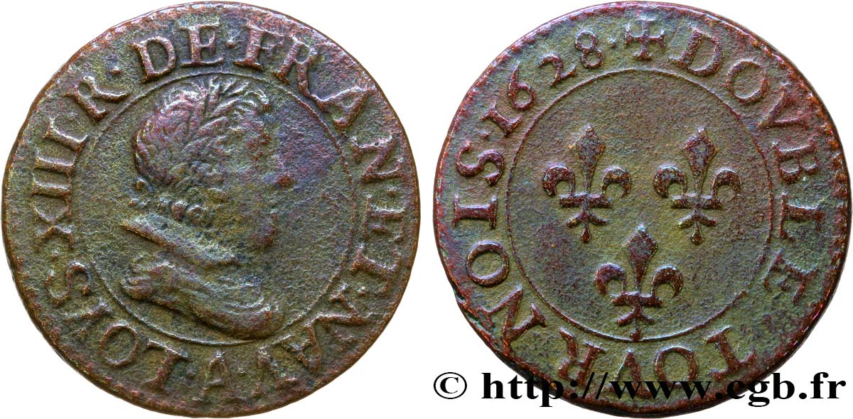 LOUIS XIII LE JUSTE Double tournois, buste adolescent au petit col plat de Paris 1628 Paris TB+