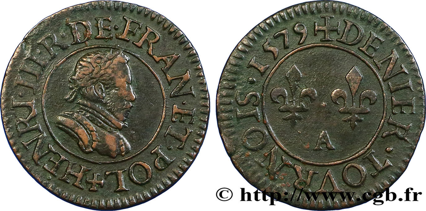 HENRI III Denier tournois, 1er type de Paris 1579 Paris, Moulin des Étuves TTB