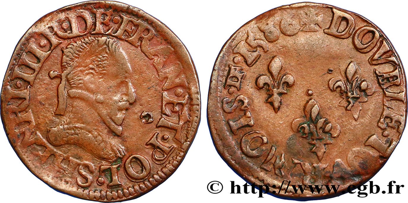 HENRY III Double tournois, type de Troyes 1586 Troyes q.BB