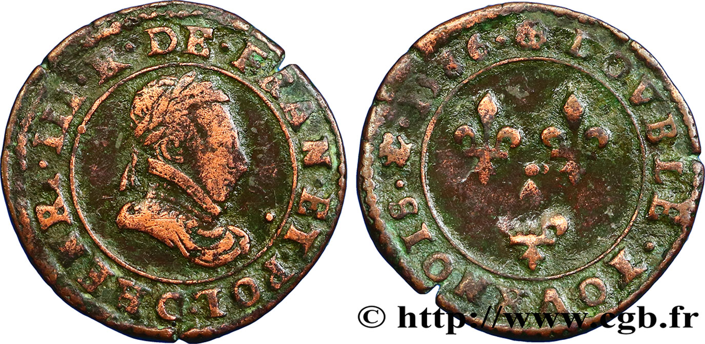 HENRI III Double tournois, type de Saint-Lô 1586 Saint-Lô B+
