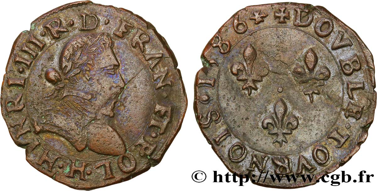 HENRI III Double tournois, 2e type de La Rochelle 1586 La Rochelle TTB