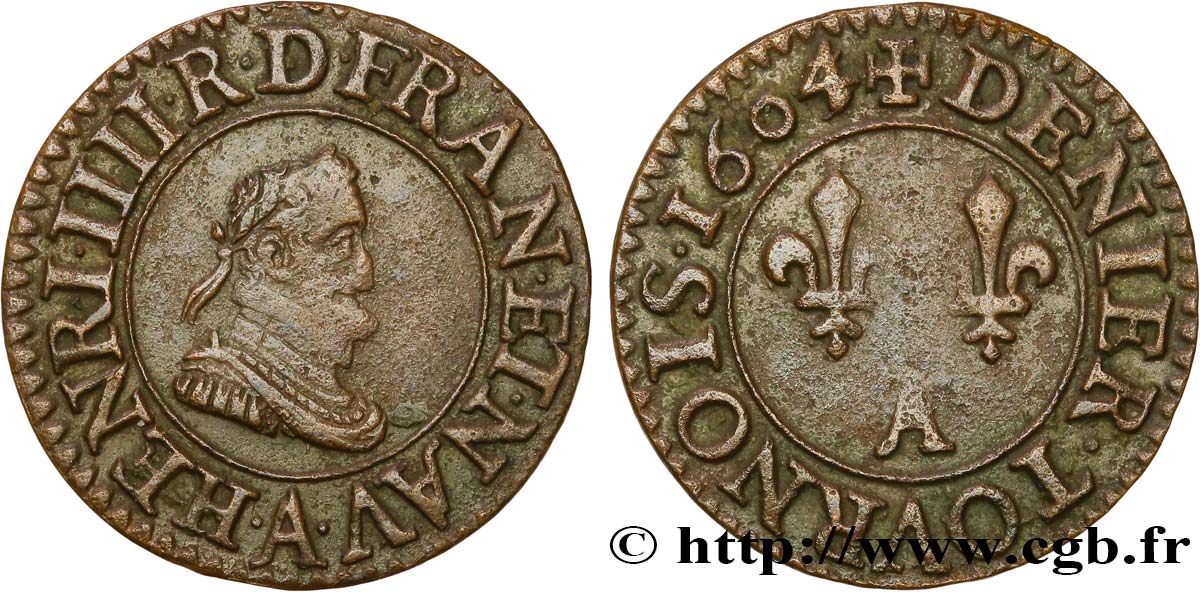 HENRI IV LE GRAND Denier tournois, 1er type de Paris (légende française) 1604 Paris, Moulin des Étuves TTB