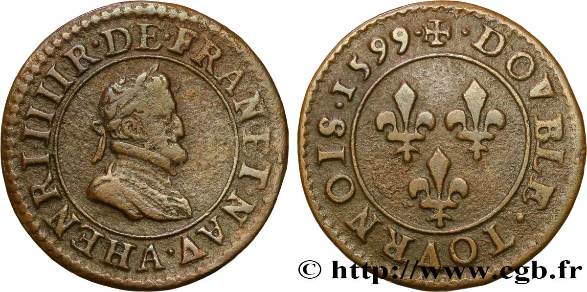 HENRI IV LE GRAND Double tournois, 2e type de Paris (légende française) 1599 Paris, Moulin des Étuves TB+/TTB