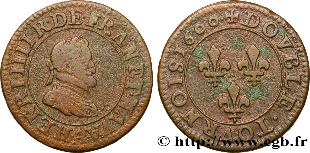 HENRI IV LE GRAND Double tournois, légende française 1600 Paris, Moulin des Étuves TB/TB+