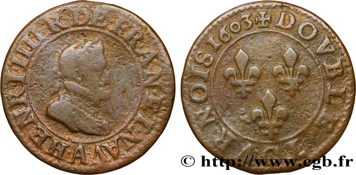 HENRI IV LE GRAND Double tournois, 1er type de Paris (légende française) 1603 Paris, Moulin des Étuves B+/TB
