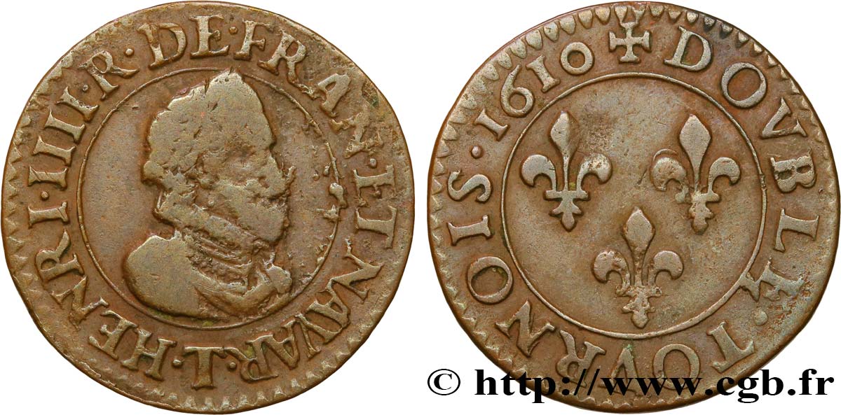 HENRI IV LE GRAND Double tournois, type de Nantes 1610 Nantes B+/TTB