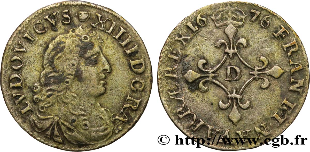LOUIS XIV LE GRAND OU LE ROI SOLEIL Quatre sols à la croix formée de lis 1676 Vimy-en-Lyonnais (actuellement Neuville-sur-Saône) TTB