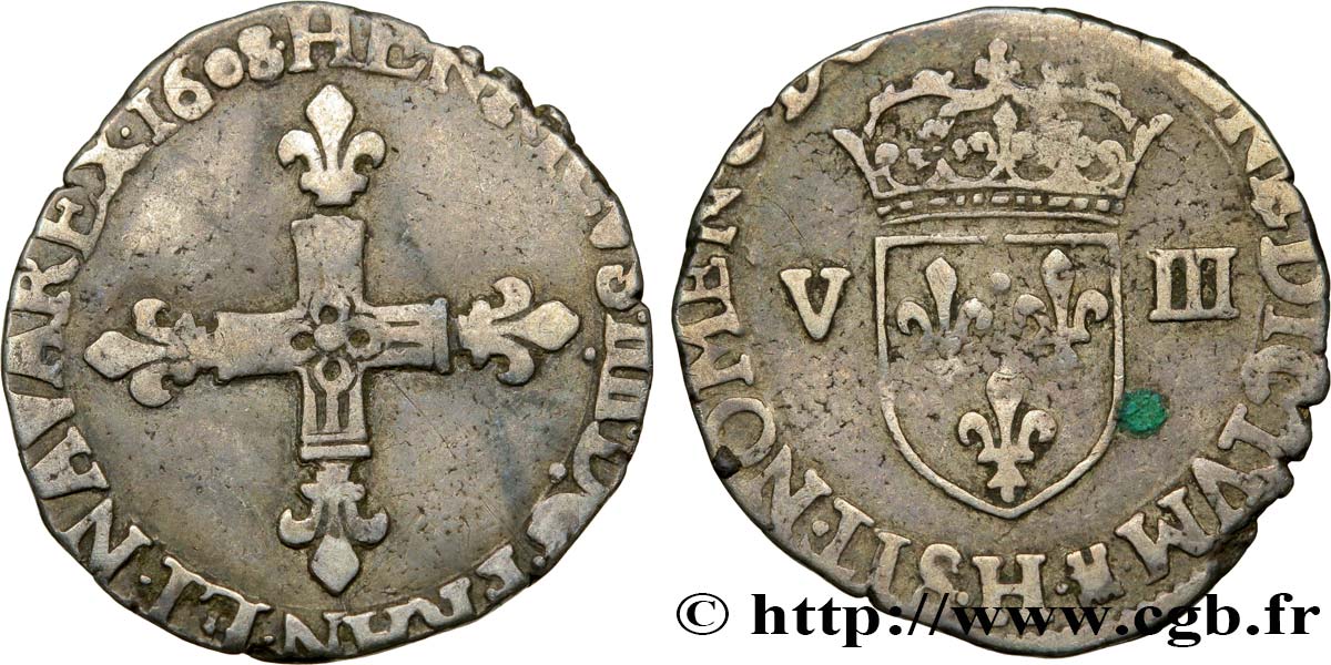HENRY IV Huitième d écu, croix bâtonnée et fleurdelisée de face 1608 La Rochelle BC+