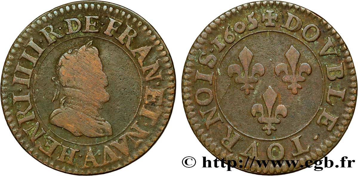 HENRI IV LE GRAND Double tournois, 1er type de Paris (légende française) 1605 Paris, Moulin des Étuves TB/TB+