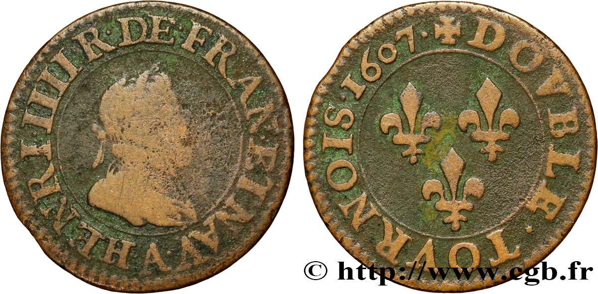 HENRI IV LE GRAND Double tournois, 2e type de Paris (légende française) 1607 Paris, Moulin des Étuves B/TB