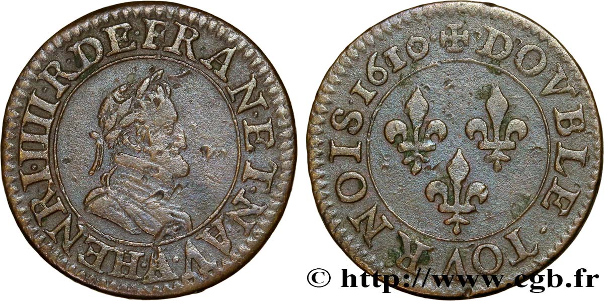HENRI IV LE GRAND Double tournois, 2e type de Paris (légende française) 1610 Paris, Moulin des Étuves TB+/TTB