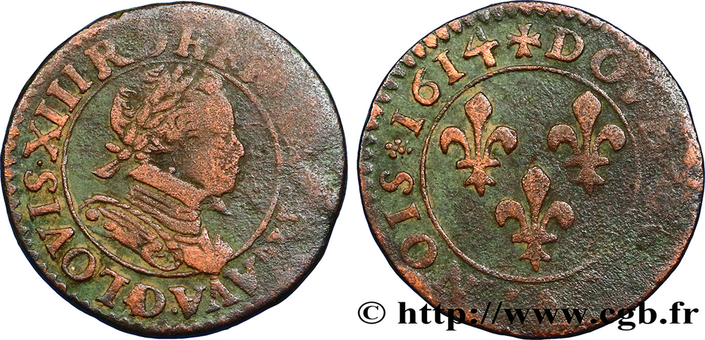 LOUIS XIII LE JUSTE Double tournois, type 3 1614 Lyon TB