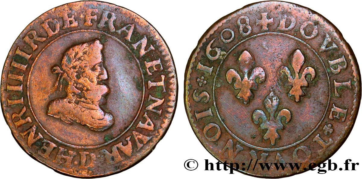 HENRY IV Double tournois, 1er type 1608 Lyon q.BB