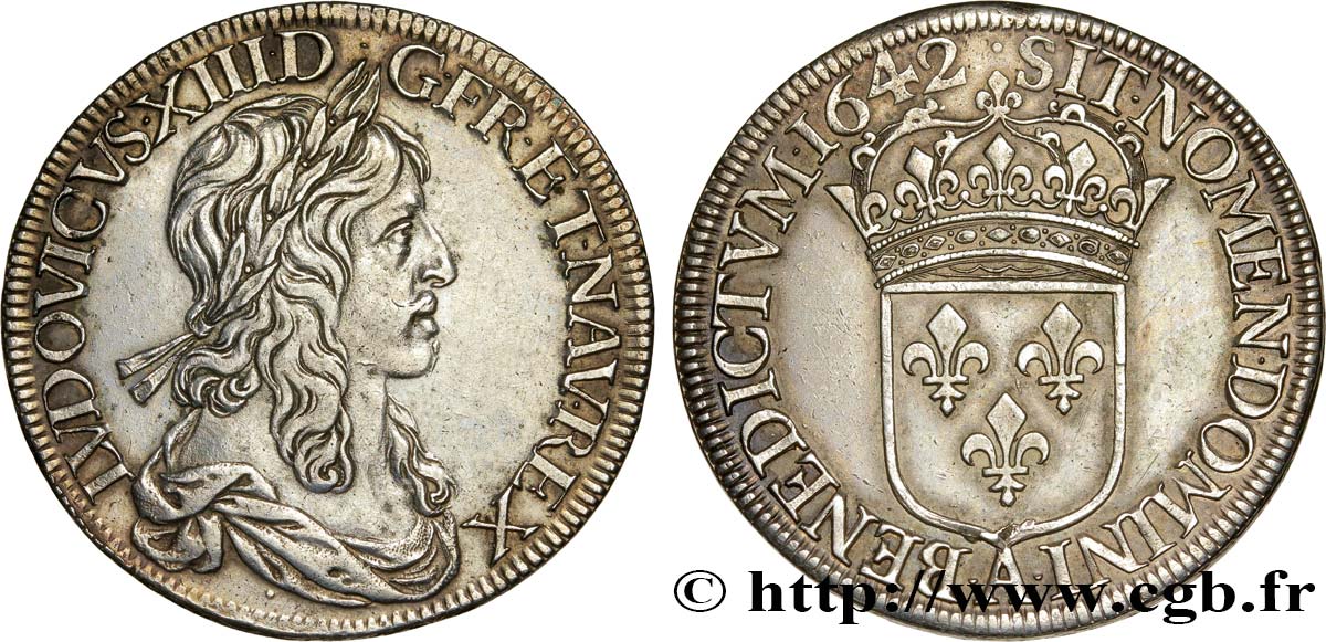 LOUIS XIII LE JUSTE Écu d’argent, 2e type, 1er poinçon de Warin 1642 Paris, Monnaie du Louvre TTB+/SUP