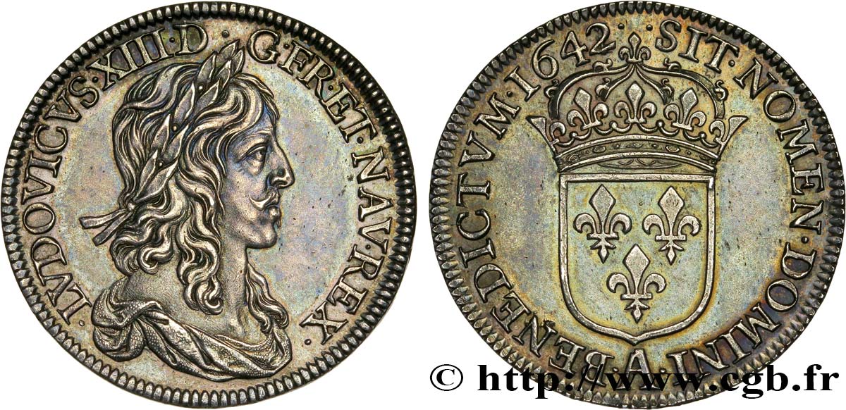LOUIS XIII LE JUSTE Demi-écu, 2e type, 1er poinçon de Warin 1642 Paris, Monnaie du Louvre SUP/SPL