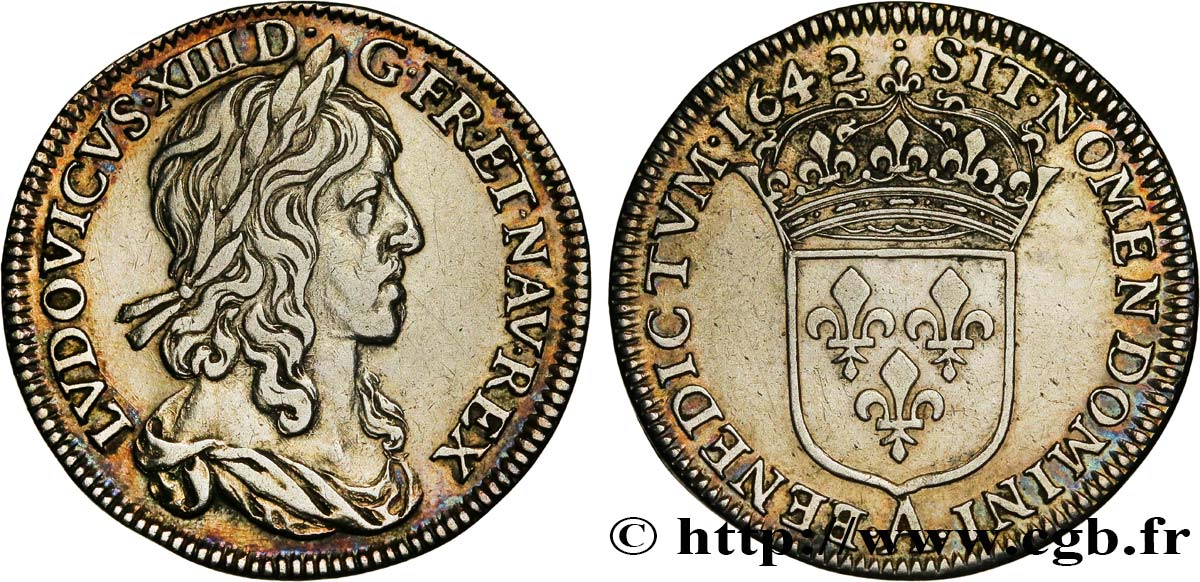 LOUIS XIII LE JUSTE Quart d écu d argent, 2e type, 1er poinçon de Warin 1642 Paris, Monnaie du Louvre TTB/TTB+
