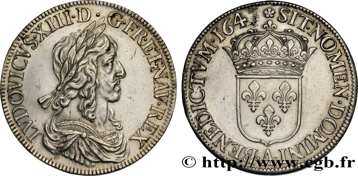 LOUIS XIII LE JUSTE Écu d argent, 3e type, 2e poinçon de Warin 1643 Paris, Monnaie de Matignon TTB+/SUP