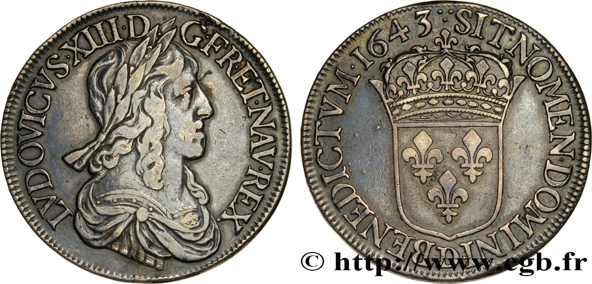 LOUIS XIII LE JUSTE Écu d argent, 3e type, 2e poinçon de Warin 1643 Lyon TB+/TTB+