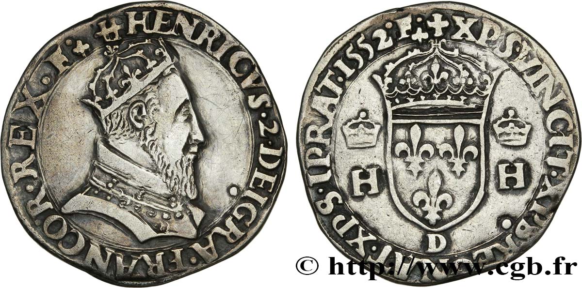 HENRI II Teston à la tête couronnée 1552 Lyon TB+/TTB
