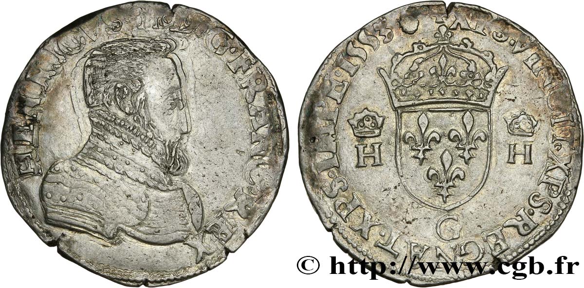 HENRI II Teston à la tête nue, 1er type 1553 Poitiers TB+/TTB