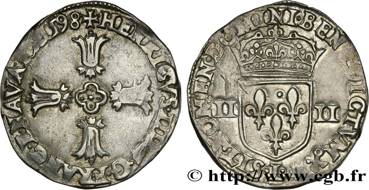 HENRI IV LE GRAND Quart d écu, croix feuillue de face 1598 Bayonne TTB/TTB+