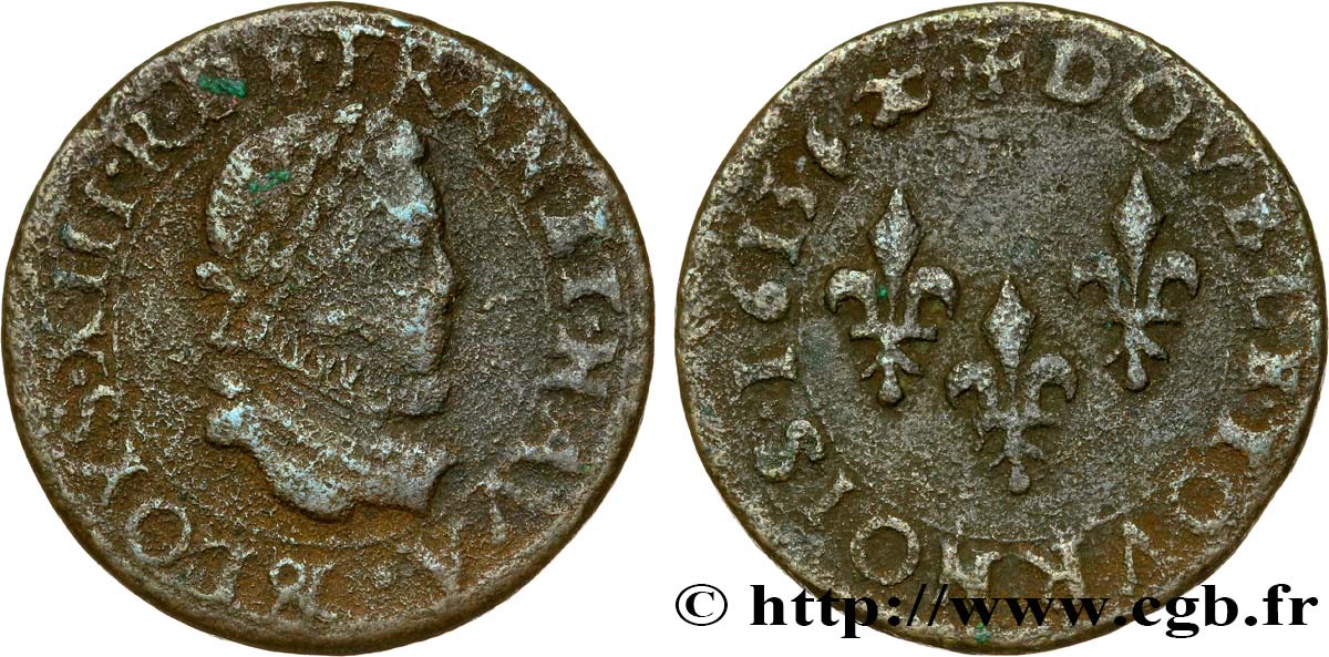 LOUIS XIII LE JUSTE Double tournois, grand buste enfantin, drapé à large fraise 1613 Aix-en-Provence TB