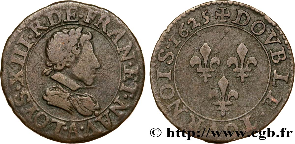LOUIS XIII LE JUSTE Double tournois, type 2 de Paris 1625 Paris TB+