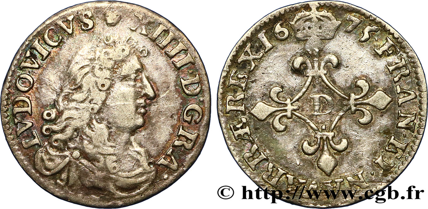 LOUIS XIV LE GRAND OU LE ROI SOLEIL Quatre sols à la croix formée de lis 1675 Vimy-en-Lyonnais (actuellement Neuville-sur-Saône) TTB