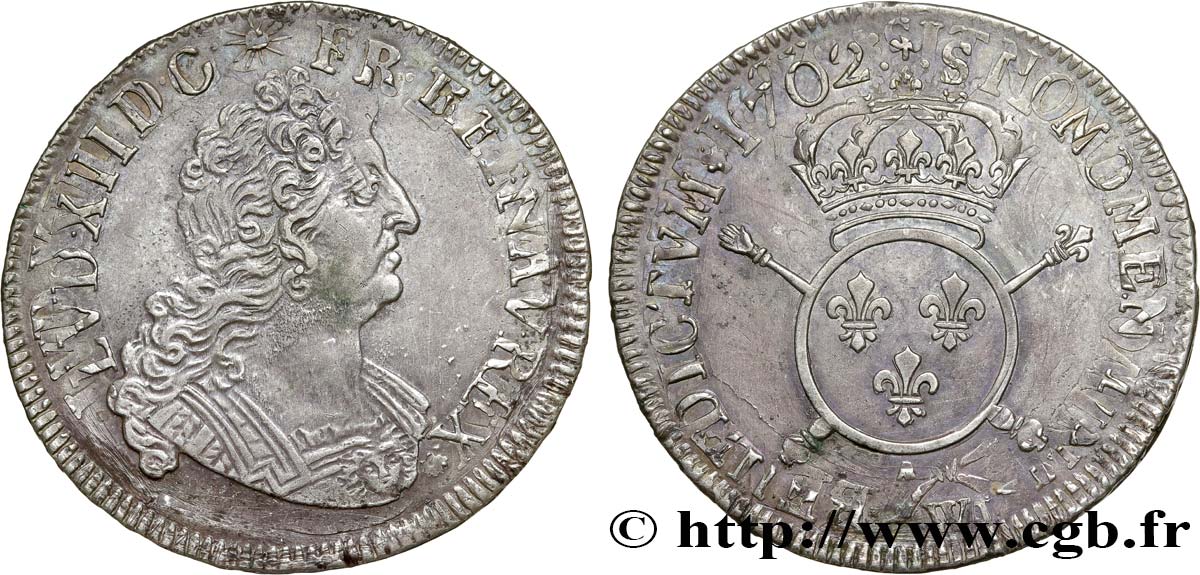 LOUIS XIV LE GRAND OU LE ROI SOLEIL Demi-écu aux insignes 1702 Paris TTB+