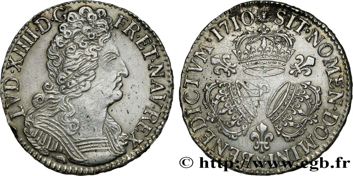 LOUIS XIV LE GRAND OU LE ROI SOLEIL Demi-écu aux trois couronnes 1710 Dijon TTB+