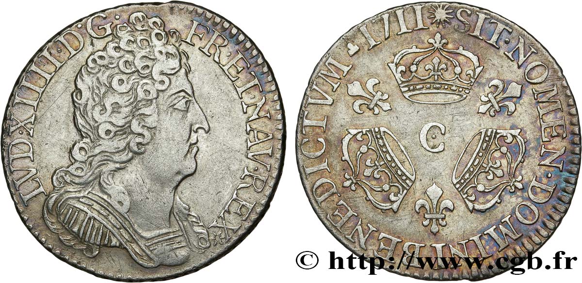 LOUIS XIV LE GRAND OU LE ROI SOLEIL Dixième d écu aux trois couronnes 1711 Caen TTB/TTB+