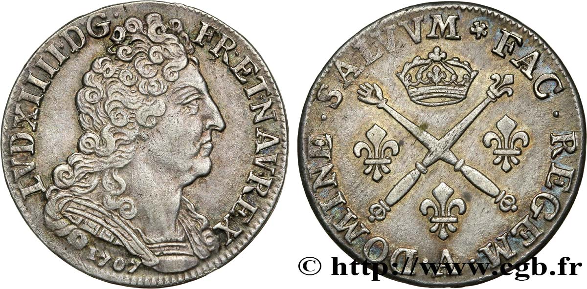 LOUIS XIV LE GRAND OU LE ROI SOLEIL 20 sols aux insignes 1707 Paris TTB+