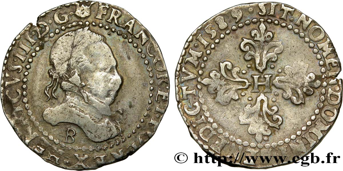 HENRI III Demi-franc au col plat 1589 Rouen TB/TB+