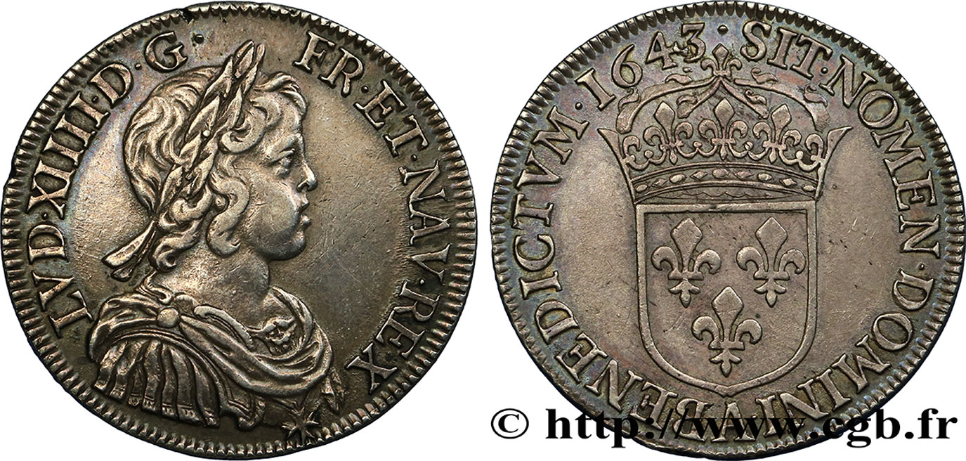 LOUIS XIV LE GRAND OU LE ROI SOLEIL Demi-écu, portrait à la mèche courte 1643 Paris, Monnaie du Louvre TTB+