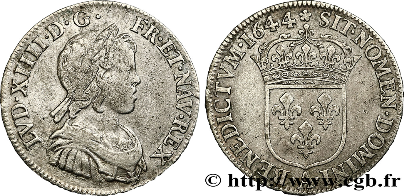 LOUIS XIV LE GRAND OU LE ROI SOLEIL Quart d écu, portrait à la mèche courte 1644 Paris, Monnaie de Matignon TB/TB+