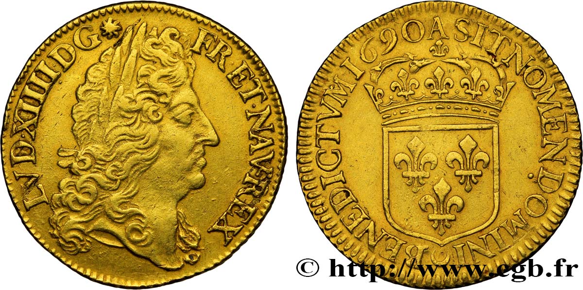 LOUIS XIV LE GRAND OU LE ROI SOLEIL Double louis d or à l écu à la tranche cordonnée 1690  Paris SUP