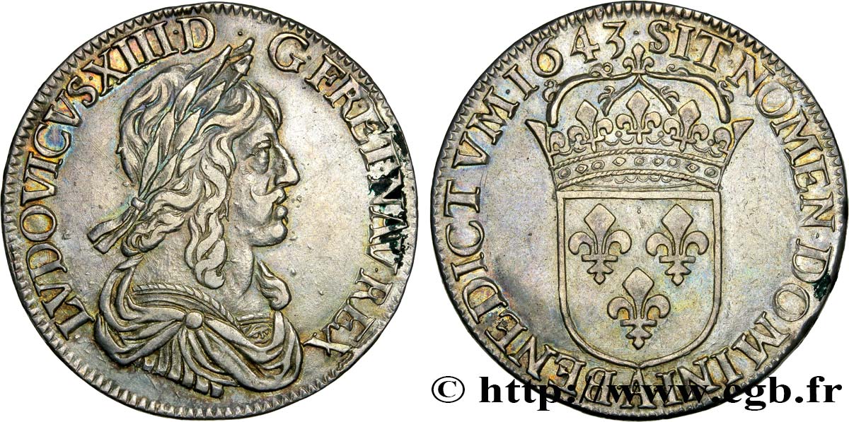 LOUIS XIII LE JUSTE Écu d argent, 3e type, 2e poinçon de Warin 1643 Paris, Monnaie du Louvre TTB+/SUP