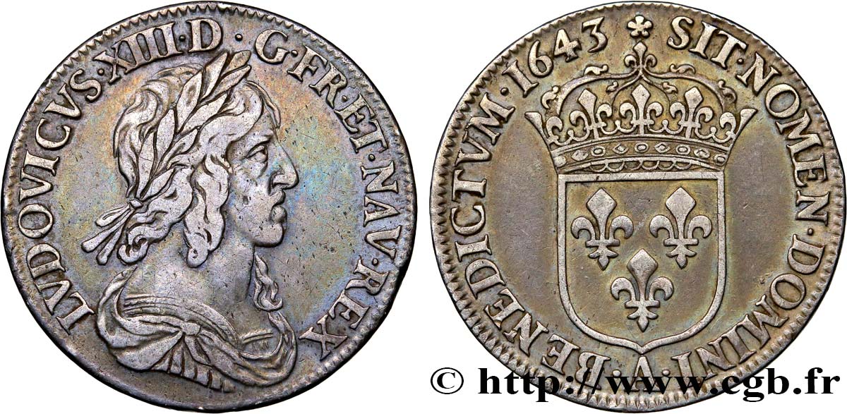LOUIS XIII LE JUSTE Quart d écu, buste drapé et cuirassé (2e buste de Jean Warin) 1643 Paris, Monnaie de Matignon TB+/TTB