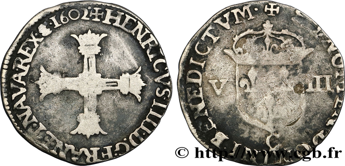 HENRY IV Huitième d écu, croix bâtonnée et couronnée de face 1602 Saint-Lô q.BB/MB