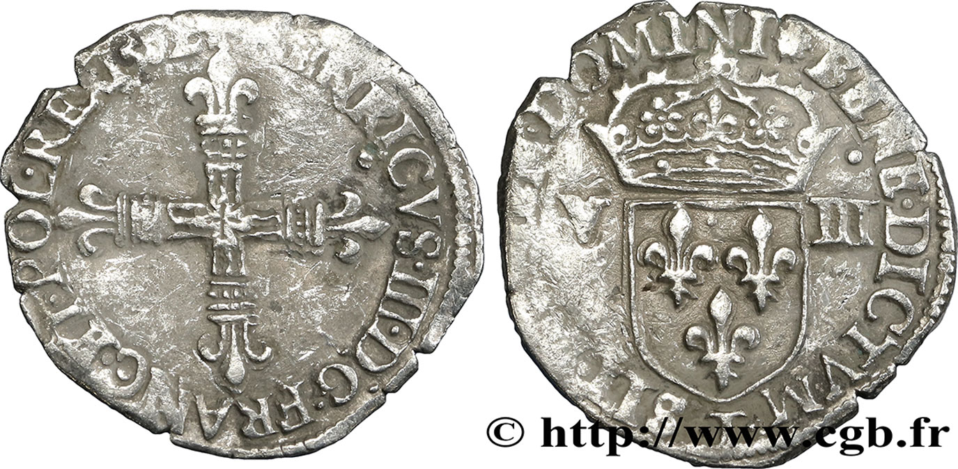 HENRI III Huitième d&nbsp;écu, croix de face 1582 Nantes TB+