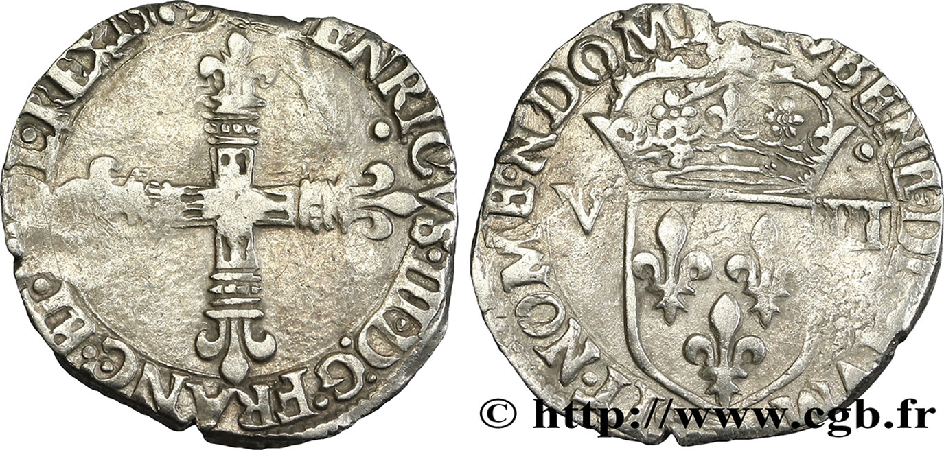 HENRI III Huitième d&nbsp;écu, croix de face 1589 Nantes TB