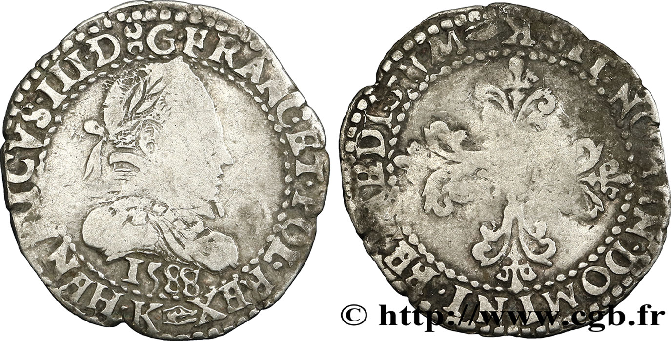 HENRY III Quart de franc au col plat 1588 Bordeaux MBC