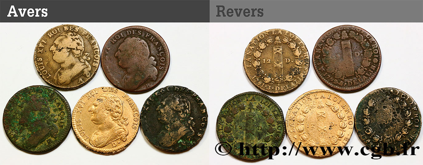 LOUIS XVI (MONARQUE CONSTITUTIONNEL)  12 deniers dit  au faisceau , type FRANCOIS et FRANÇAIS, lot de 5 ex. n.d. Ateliers divers B