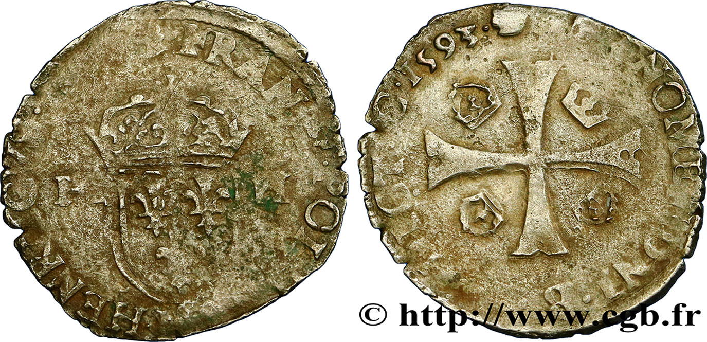 LA LIGUE. MONNAYAGE AU NOM D&nbsp;HENRI III Douzain aux deux H, 1er type 1593 Toulouse TB