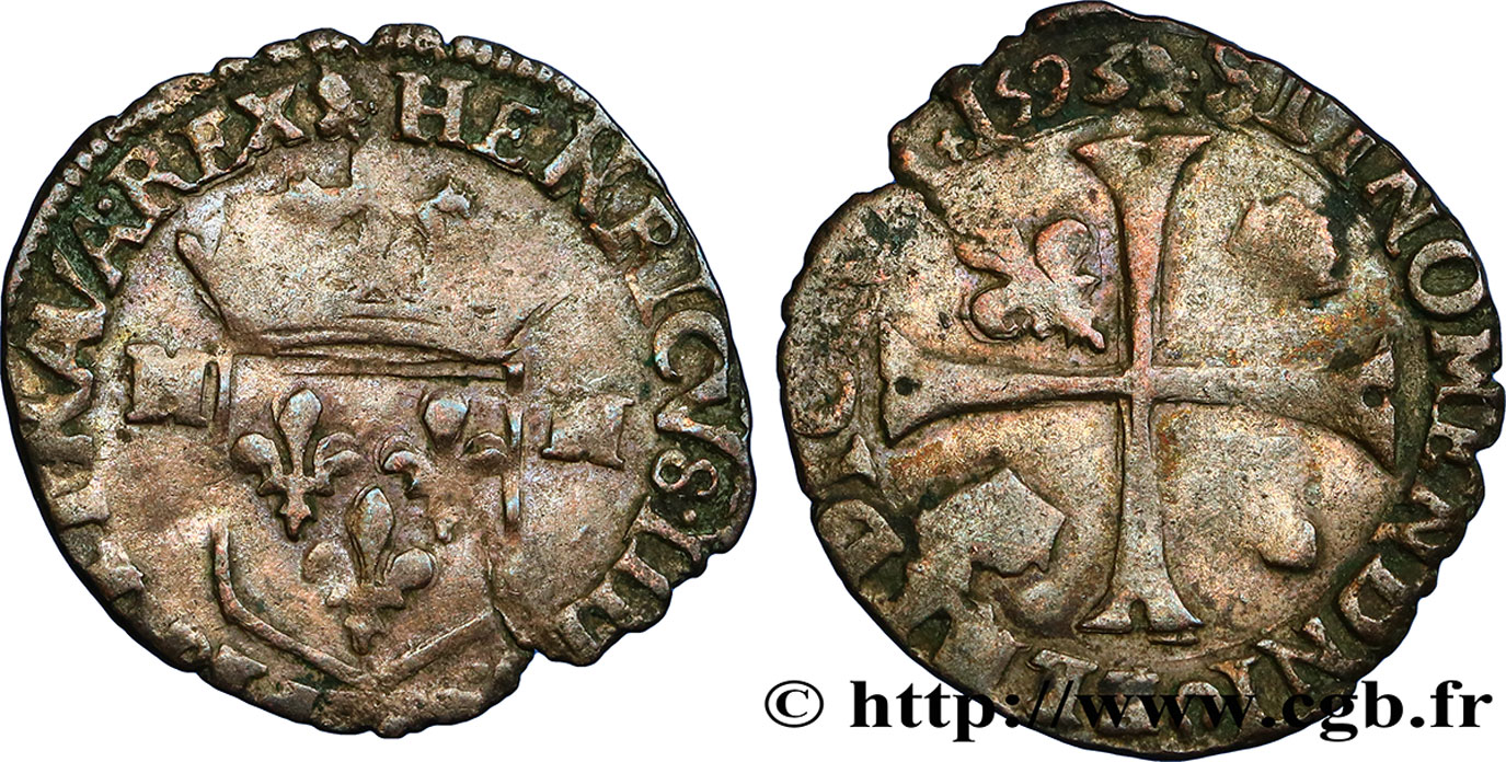 HENRI IV LE GRAND Douzain aux deux H, 2e type 1593 La Rochelle TB