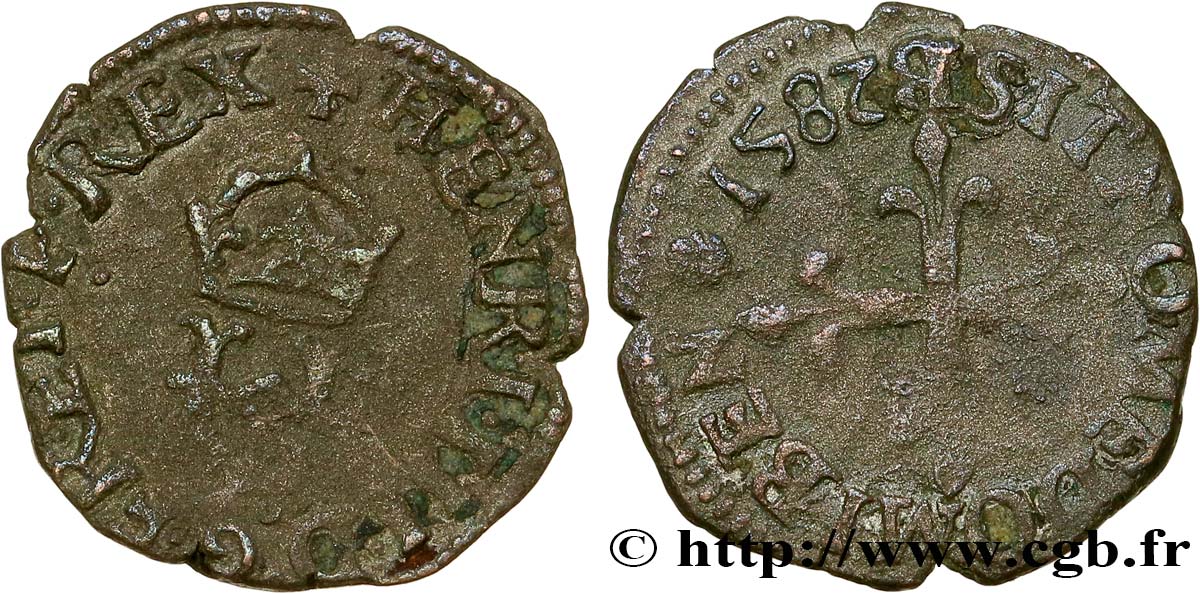 HENRI III Liard à l H couronnée 1582 Rouen TB+