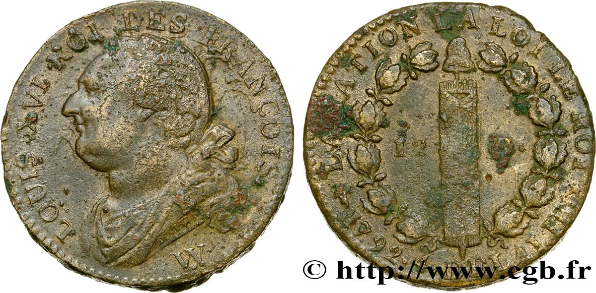 LOUIS XVI 12 deniers dit &nbsp;au faisceau&nbsp;, type FRANCOIS 1792 Arras q.BB