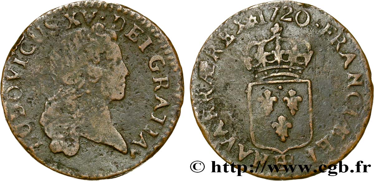 LOUIS XV &nbsp;THE WELL-BELOVED&nbsp; Liard au buste enfantin 1720 Strasbourg VF