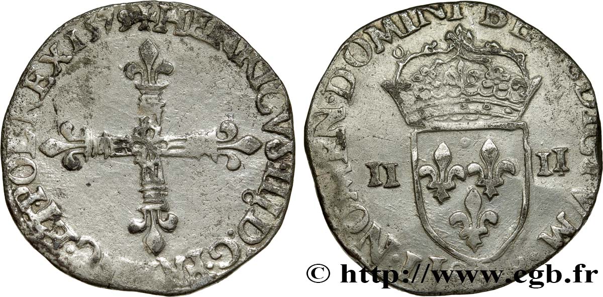 HENRY III Quart d&nbsp;écu, croix de face 1579 Rennes XF