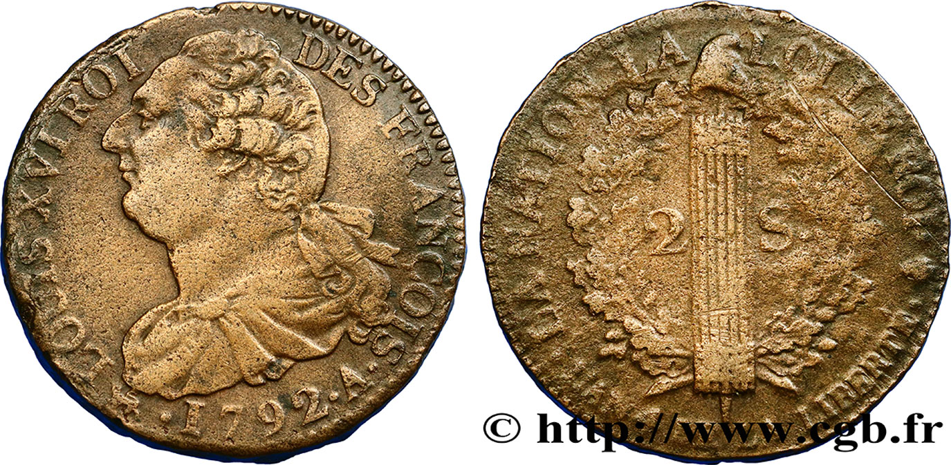 LOUIS XVI 2 sols dit  au faisceau , type FRANÇOIS 1792 Paris BC+/BC
